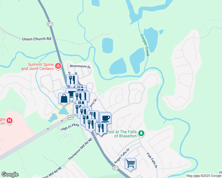 map of restaurants, bars, coffee shops, grocery stores, and more near 6845 White Walnut Way in Braselton
