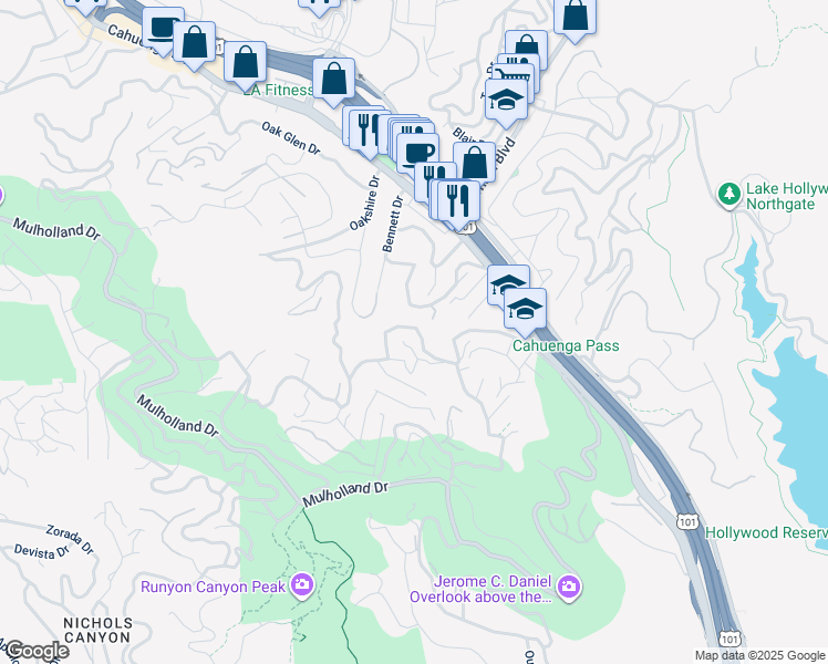 map of restaurants, bars, coffee shops, grocery stores, and more near 7166 Woodrow Wilson Drive in Los Angeles