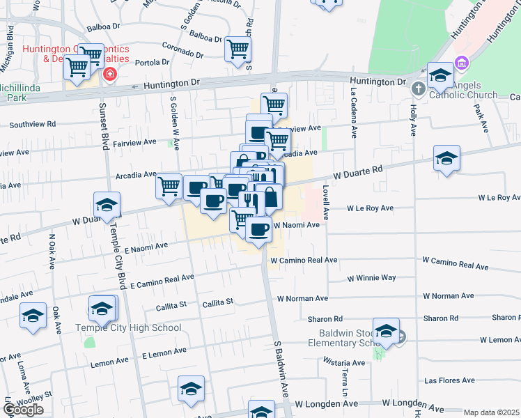 map of restaurants, bars, coffee shops, grocery stores, and more near 1223 South Baldwin Avenue in Arcadia