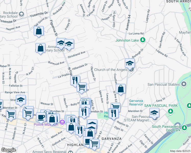 map of restaurants, bars, coffee shops, grocery stores, and more near 526 Oleander Drive in Los Angeles