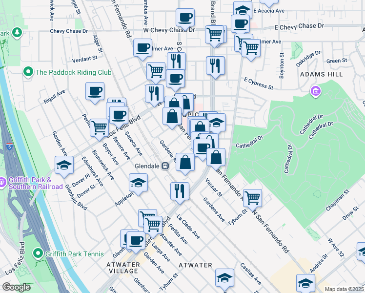 map of restaurants, bars, coffee shops, grocery stores, and more near 3737 San Fernando Road in Glendale
