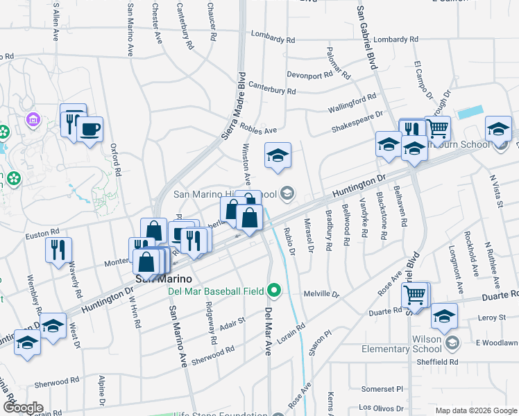 map of restaurants, bars, coffee shops, grocery stores, and more near 1400 Winston Avenue in San Marino