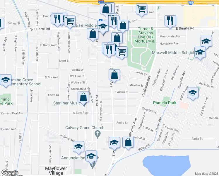 map of restaurants, bars, coffee shops, grocery stores, and more near 2171 South Myrtle Avenue in Monrovia