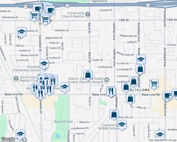 map of restaurants, bars, coffee shops, grocery stores, and more near 7106 Beryl Street in Rancho Cucamonga