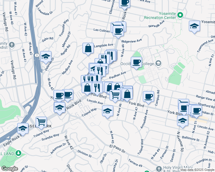 map of restaurants, bars, coffee shops, grocery stores, and more near 1550 North Avenue 45 in Los Angeles