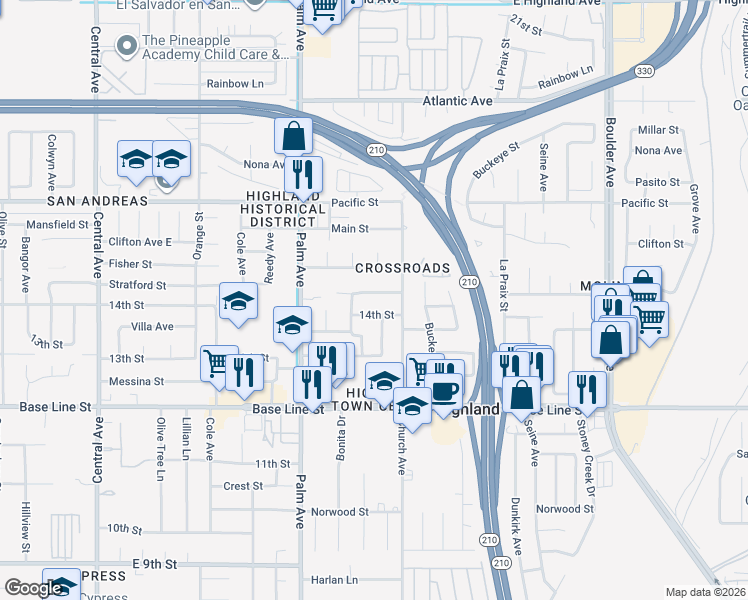 map of restaurants, bars, coffee shops, grocery stores, and more near 27457 Stratford Street in Highland
