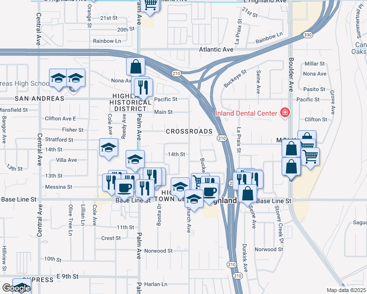 map of restaurants, bars, coffee shops, grocery stores, and more near 27483 Stratford Street in Highland