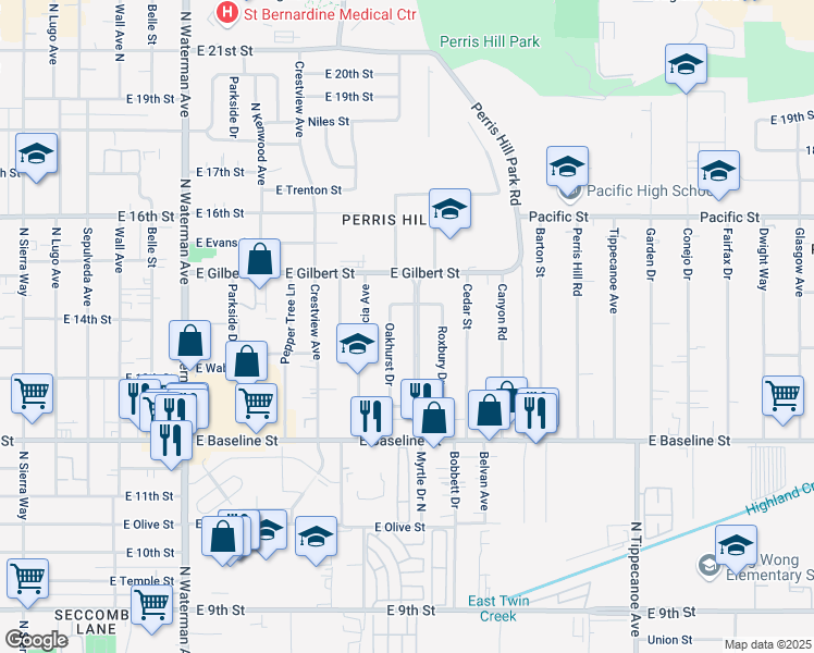 map of restaurants, bars, coffee shops, grocery stores, and more near 1384 Windsor Drive in San Bernardino