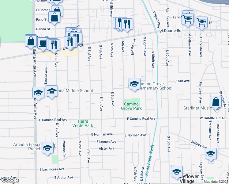 map of restaurants, bars, coffee shops, grocery stores, and more near 1320 Fifth Avenue in Arcadia