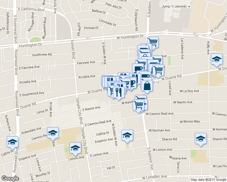 map of restaurants, bars, coffee shops, grocery stores, and more near 846 West Duarte Road in Arcadia