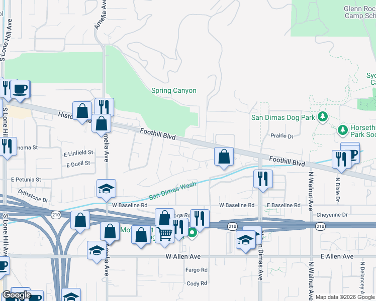 map of restaurants, bars, coffee shops, grocery stores, and more near 406 Heatherglen Lane in San Dimas