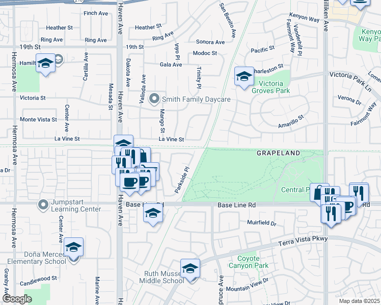 map of restaurants, bars, coffee shops, grocery stores, and more near 7132 Parkside Place in Rancho Cucamonga