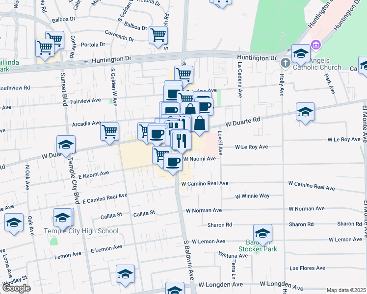 map of restaurants, bars, coffee shops, grocery stores, and more near 1234 South Baldwin Avenue in Arcadia