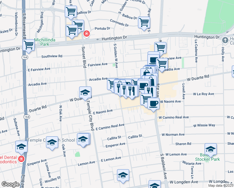 map of restaurants, bars, coffee shops, grocery stores, and more near 900 West Duarte Road in Arcadia
