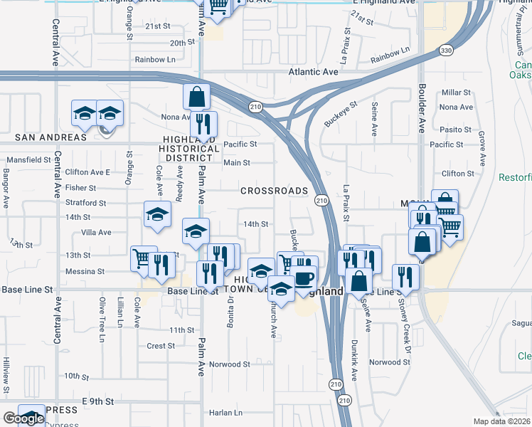 map of restaurants, bars, coffee shops, grocery stores, and more near 27483 Stratford Street in Highland