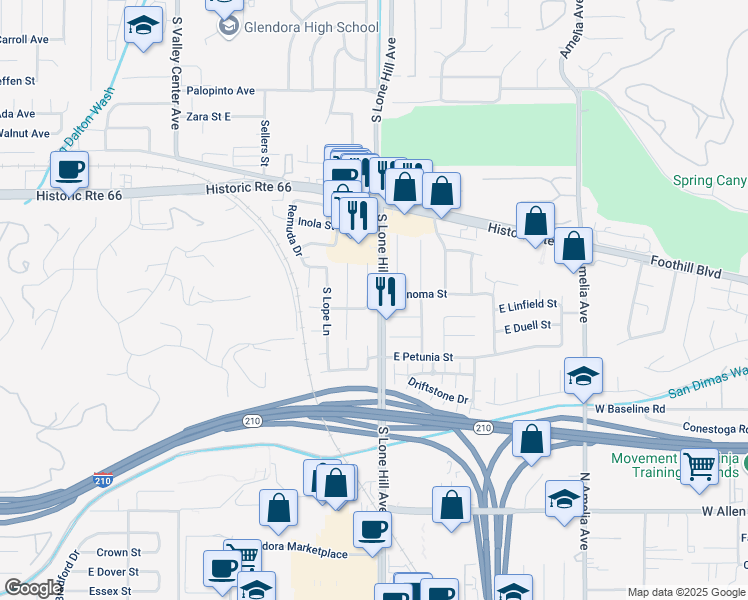 map of restaurants, bars, coffee shops, grocery stores, and more near 752 Cordelia Avenue in Glendora