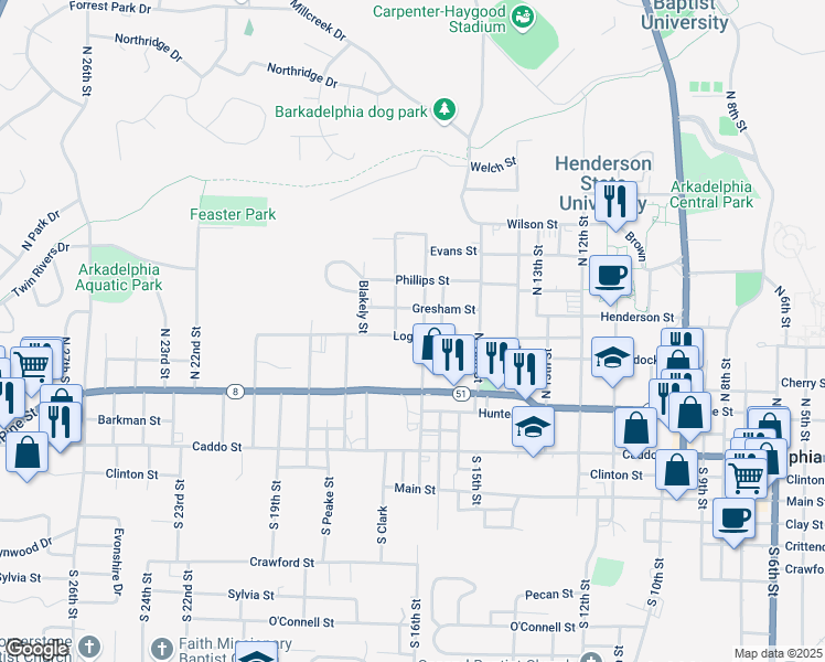 map of restaurants, bars, coffee shops, grocery stores, and more near 1606 Logan Street in Arkadelphia