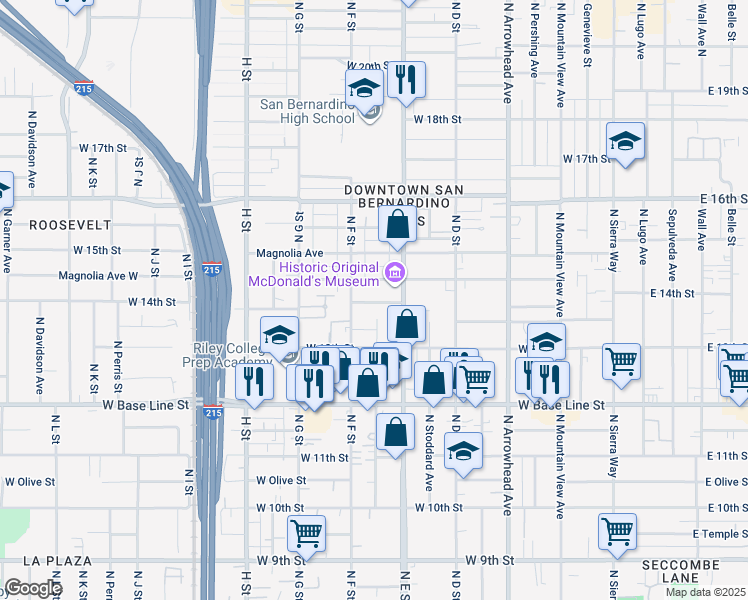 map of restaurants, bars, coffee shops, grocery stores, and more near 554 West Virginia Street in San Bernardino