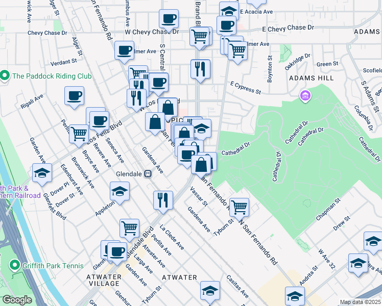 map of restaurants, bars, coffee shops, grocery stores, and more near 1711 South Brand Boulevard in Glendale