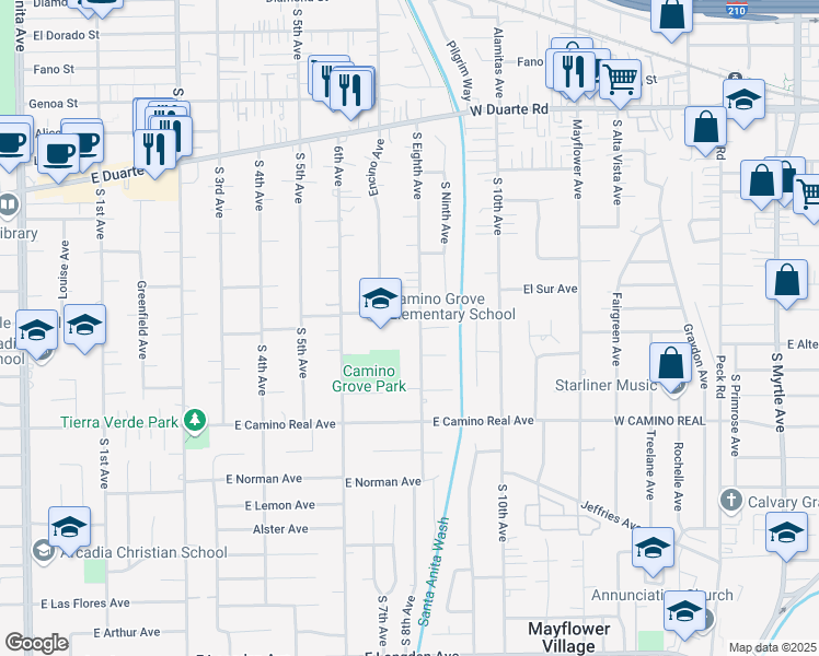 map of restaurants, bars, coffee shops, grocery stores, and more near 1321 South Eighth Avenue in Arcadia