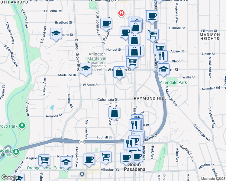 map of restaurants, bars, coffee shops, grocery stores, and more near 1201 Avoca Avenue in Pasadena