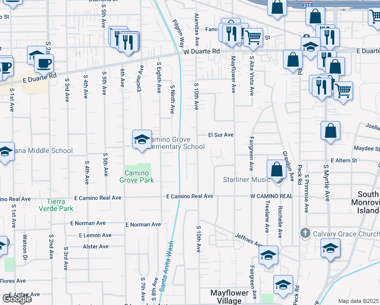 map of restaurants, bars, coffee shops, grocery stores, and more near 1312 South 10th Avenue in Arcadia