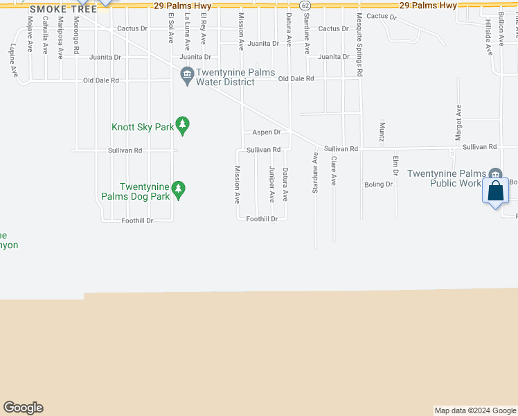 map of restaurants, bars, coffee shops, grocery stores, and more near 7065 49 Palms Avenue in Twentynine Palms