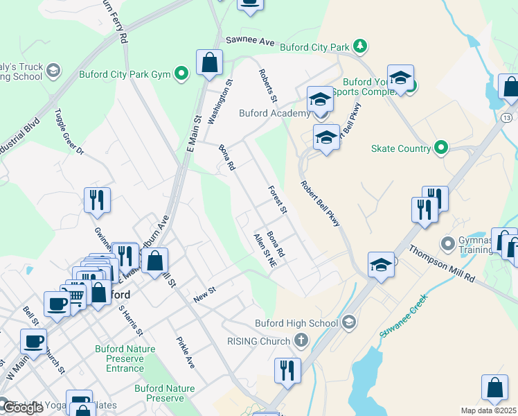 map of restaurants, bars, coffee shops, grocery stores, and more near 408 Bona Road in Buford
