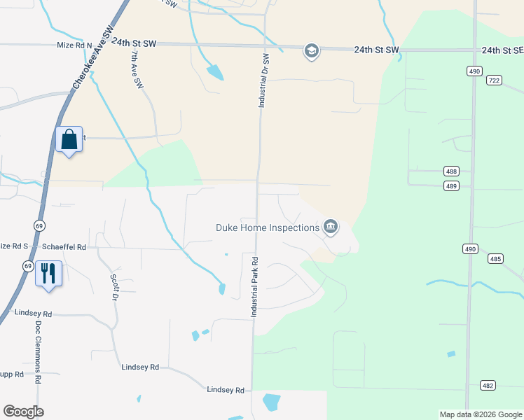 map of restaurants, bars, coffee shops, grocery stores, and more near 565 Industrial Park Road in Cullman
