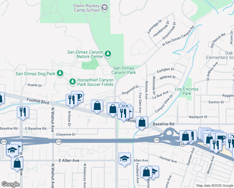 map of restaurants, bars, coffee shops, grocery stores, and more near 705 Dogwood Drive in La Verne