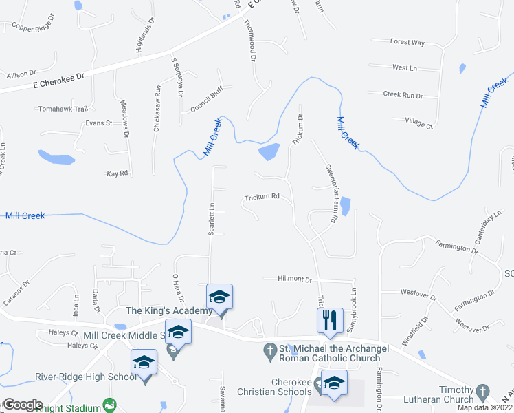 map of restaurants, bars, coffee shops, grocery stores, and more near 3030 Trickum Road in Woodstock