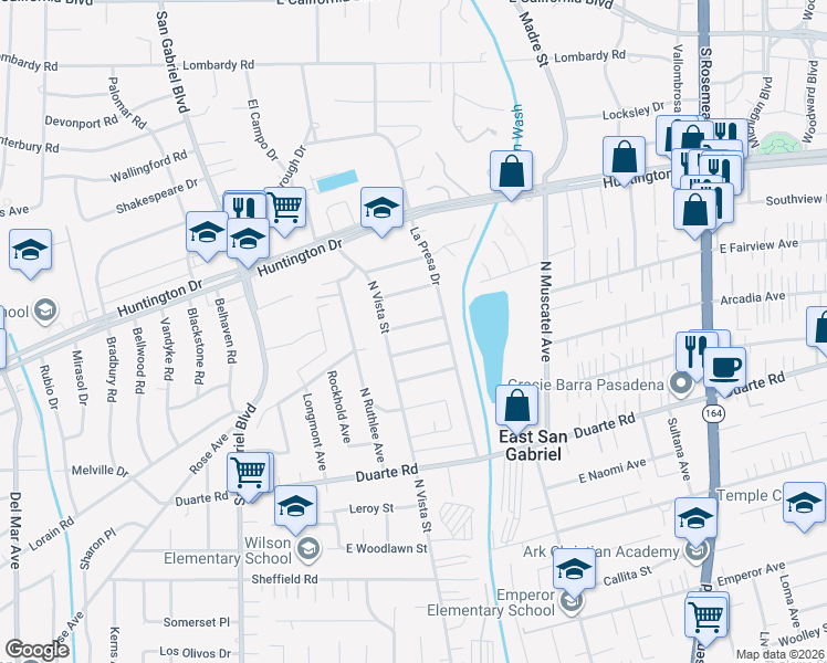 map of restaurants, bars, coffee shops, grocery stores, and more near 8528 East Fairview Avenue in San Gabriel