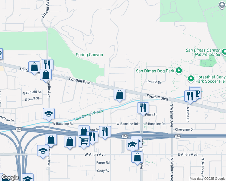 map of restaurants, bars, coffee shops, grocery stores, and more near 1287 Whisperglen Lane in San Dimas