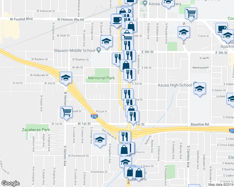 map of restaurants, bars, coffee shops, grocery stores, and more near 219 North San Gabriel Avenue in Azusa
