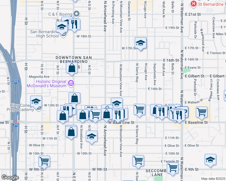 map of restaurants, bars, coffee shops, grocery stores, and more near 1366 North Mountain View Avenue in San Bernardino