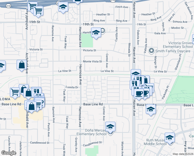 map of restaurants, bars, coffee shops, grocery stores, and more near 6993 Hermosa Avenue in Rancho Cucamonga