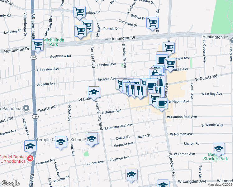 map of restaurants, bars, coffee shops, grocery stores, and more near 969 West Duarte Road in Arcadia