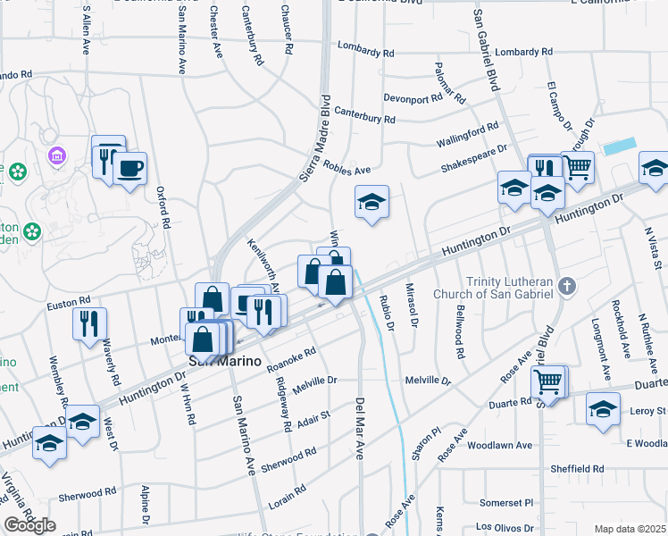 map of restaurants, bars, coffee shops, grocery stores, and more near 1375 Winston Avenue in San Marino