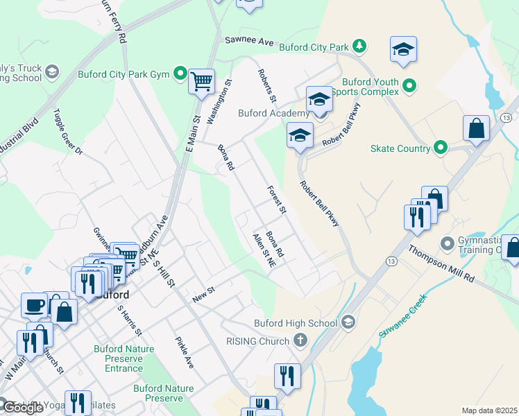 map of restaurants, bars, coffee shops, grocery stores, and more near 408 Bona Road in Buford