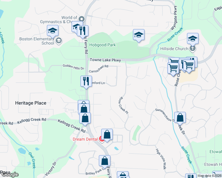 map of restaurants, bars, coffee shops, grocery stores, and more near 122 Lynford Lane in Woodstock