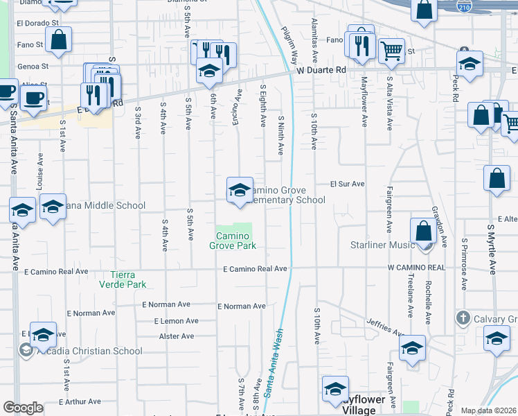 map of restaurants, bars, coffee shops, grocery stores, and more near 1321 South Eighth Avenue in Arcadia