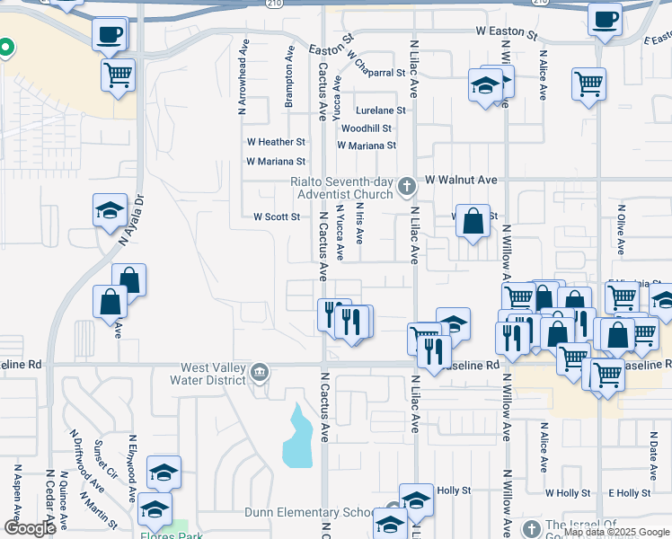 map of restaurants, bars, coffee shops, grocery stores, and more near 665 West Winchester Drive in Rialto