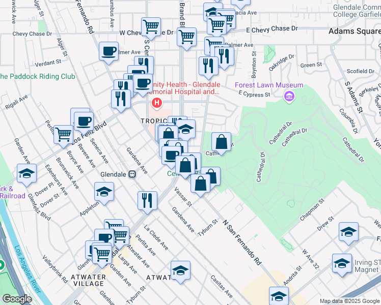 map of restaurants, bars, coffee shops, grocery stores, and more near 120 East Cerritos Avenue in Glendale