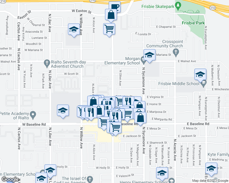 map of restaurants, bars, coffee shops, grocery stores, and more near 1405 North Riverside Avenue in Rialto