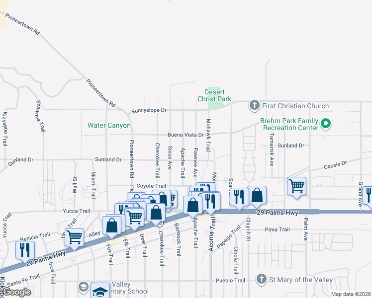 map of restaurants, bars, coffee shops, grocery stores, and more near 7059 Apache Trail in Yucca Valley