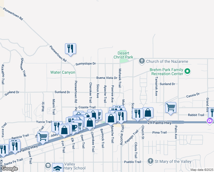 map of restaurants, bars, coffee shops, grocery stores, and more near 7059 Apache Trail in Yucca Valley