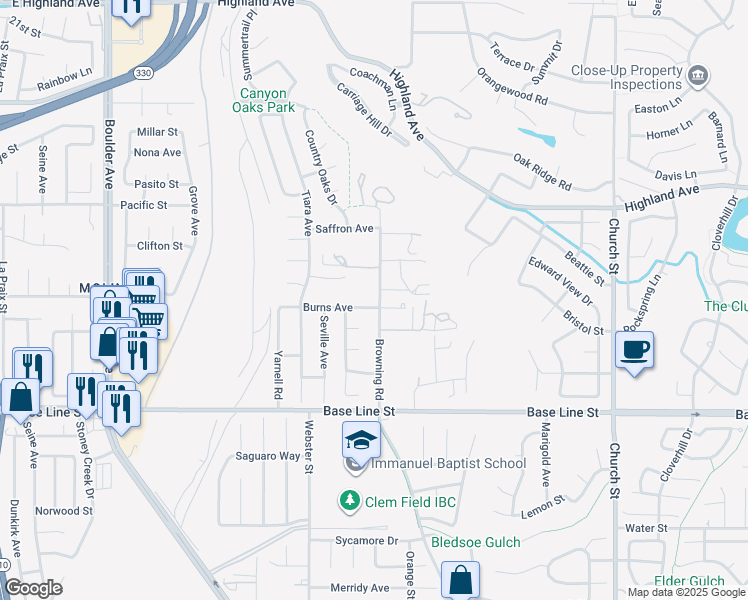 map of restaurants, bars, coffee shops, grocery stores, and more near 28390 Burns Avenue in Highland