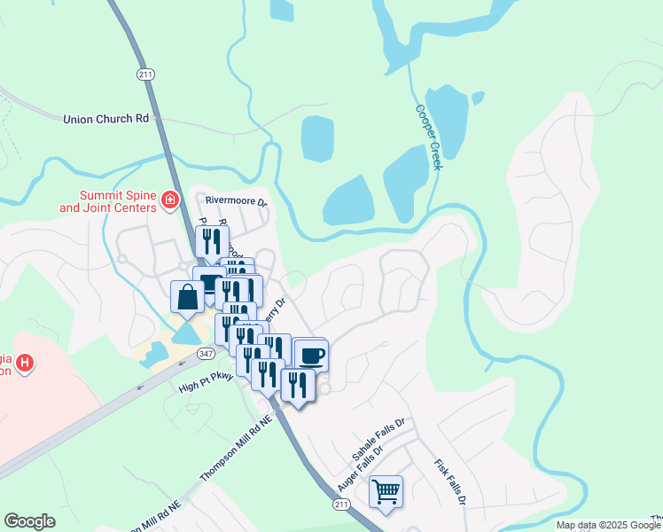 map of restaurants, bars, coffee shops, grocery stores, and more near 6835 White Walnut Way in Braselton