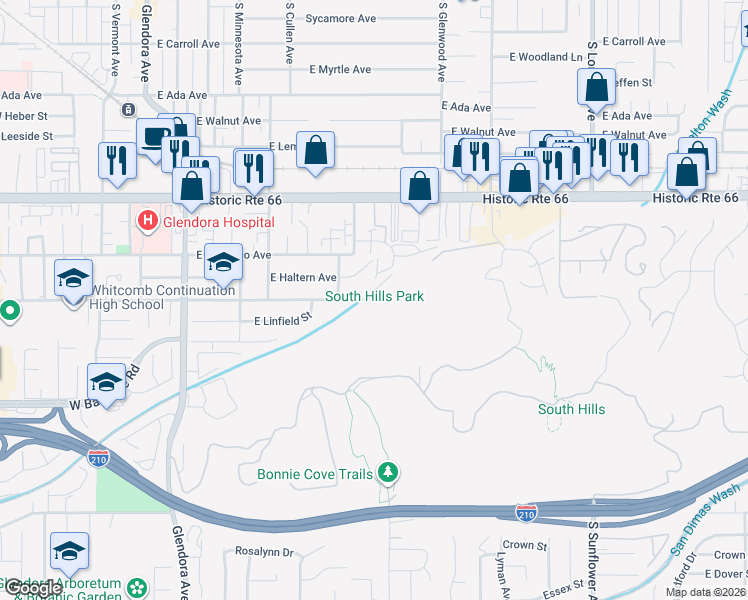 map of restaurants, bars, coffee shops, grocery stores, and more near 701 E Mauna Loa Ave in Glendora