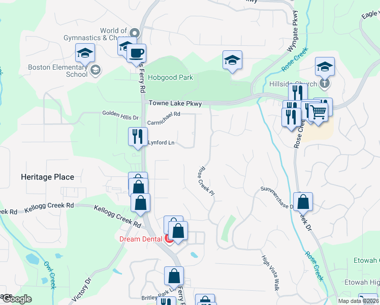 map of restaurants, bars, coffee shops, grocery stores, and more near 122 Lynford Ln in Woodstock
